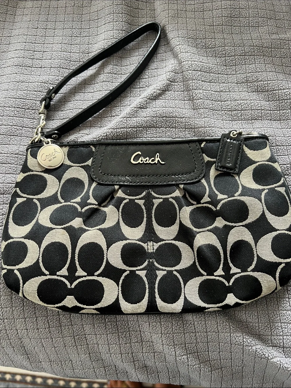 Coach Black and Cream Signature Wristlet with Removable Strap